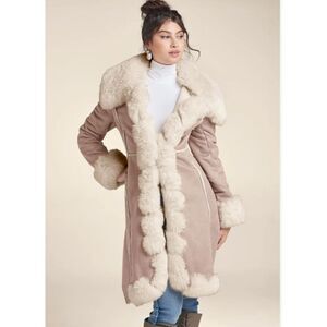 VENUS Tan and Cream Faux Fur Trim Coat